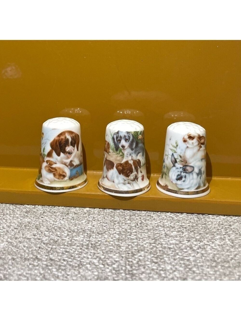 Vintage 3 PC Puppies & Bunnies Collectible Thimbles